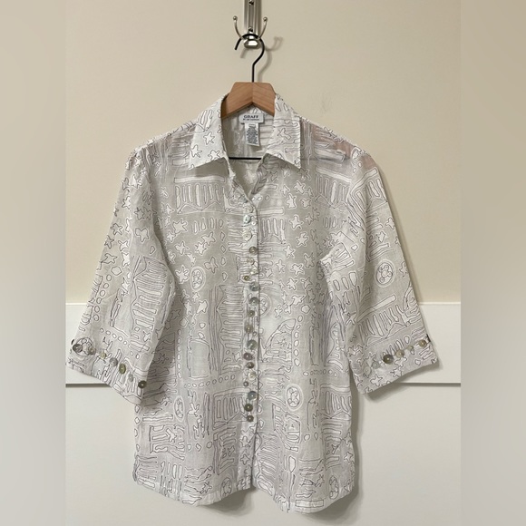 Graff by um Company Black & White Graphic Print Linen Blend Blouse Size PXS - Picture 3 of 8